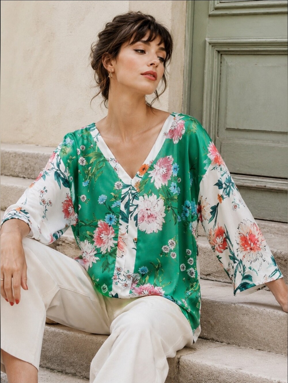 Status by Chenault Floral Draped V-Neck Kimono Blouse Top Tassel Back Lrg